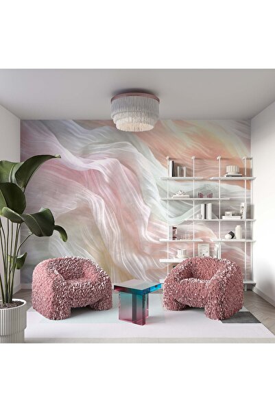 Grown Pembe ve Beyaz Kumaş Efektli Soyut Duvar Kağıdı