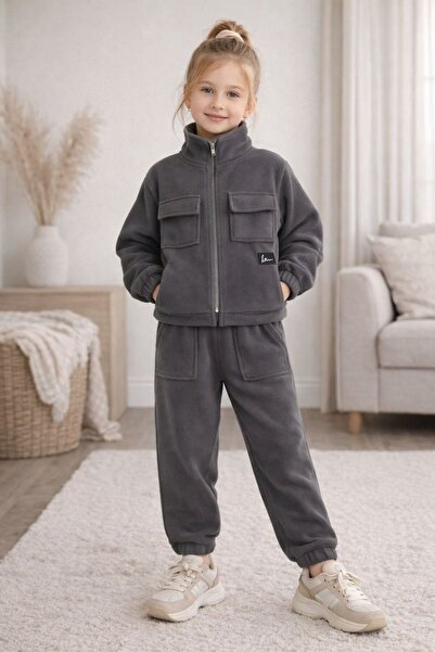 Aselin Kids طقم رياضي للفتيات مكون من قطعتين مع جيوب وسحاب من الصوف