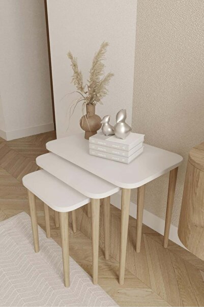 woodaria Dikdörtgen Dekoratif Zigon Sehpa 3'lü Set – Ahşap Ayaklı Zigon Sehpa