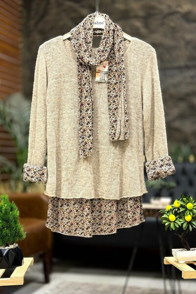 sahnemoda Crisp Patterned Mohair Sweater with Scarf