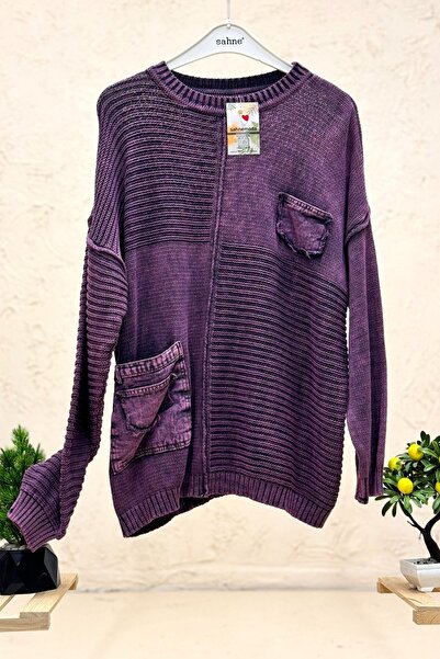 sahnemoda Pocketed crew neck self-striped organic sweater