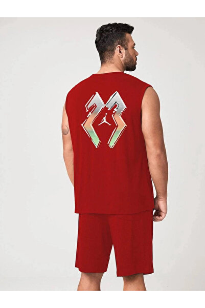 velmorafashion طقم شورت رجالي من Velmora Premium مطبوع بدون أكمام - أحمر