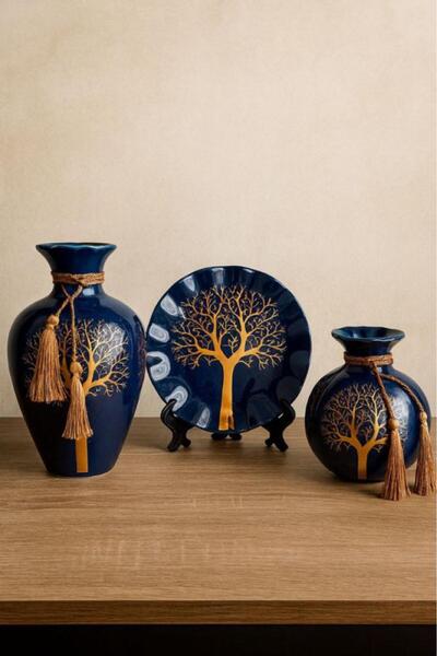 Oss elhetraf طقم ديكور شجرة الحياة الأزرق الذهبي – فازات وصحن خزفي فاخر للمنزل