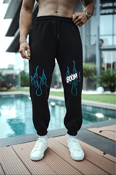 GurkStore بنطلون رياضي رجالي مطبوع بثلاثة خيوط - أسود