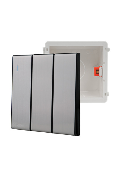 MERALLİ INOX 3'lü vavien anahtar, hakiki fırçalanmış paslanmaz çelik, çerçeve...