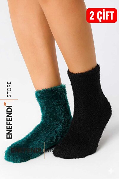 NF ND ENEFENDİ 2 Pairs of Thermal Winter Plush Socks - Stitch-Free Fuzzy Home and Party Socks (Black-Green) 36-41