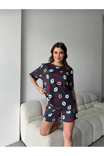 Trendalya Dudak Baskılı %100 Pamuk Kısa Kollu Şortlu Kadın Pijama Takımı