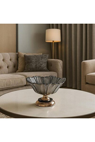 Oss elhetraf صحن ضيافة قزاز أكرستالي رمادي داكن مموج بقاعدة ذهبية فاخرة