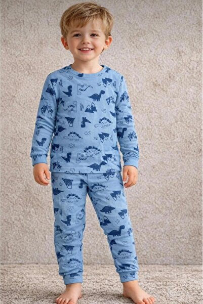 Emilakids Boy's Blue Color Dinosaur Pattern Cotton Long Sleeve Pajama Set