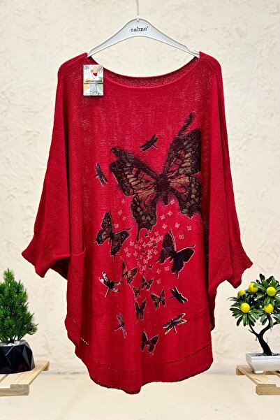 sahnemoda Butterfly Print Bat Mercerized Pocket Blouse