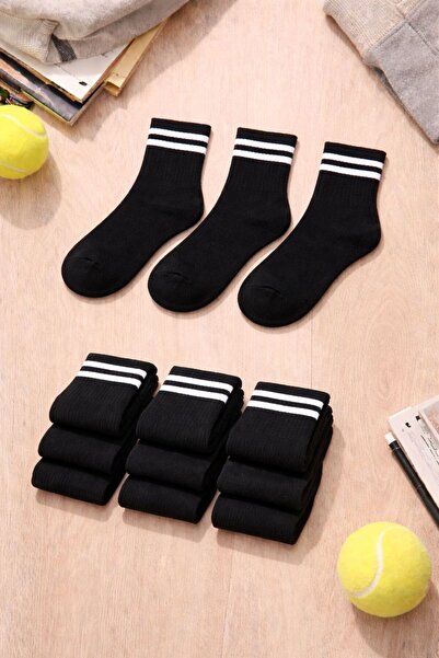 bilinen çorap UNİSEX 6'LI SİYAH 2 ÇİZGİLİ KOLEJ ÇORAP