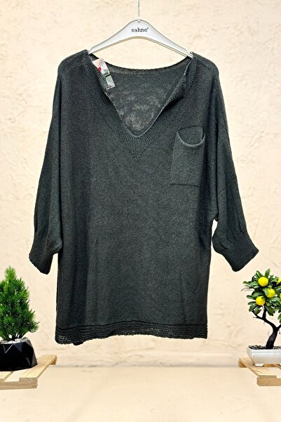 sahnemoda Single Pocket V-Neck Bat Mercerized Blouse