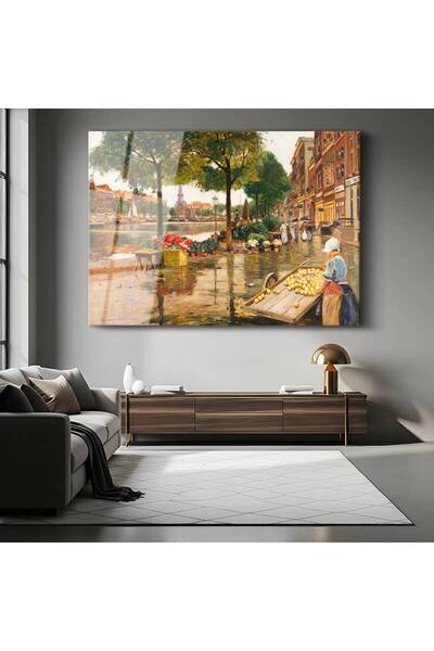GülsenArt Heinrich Hermanns Flower Market City Tablou din sticlă temperată pi...