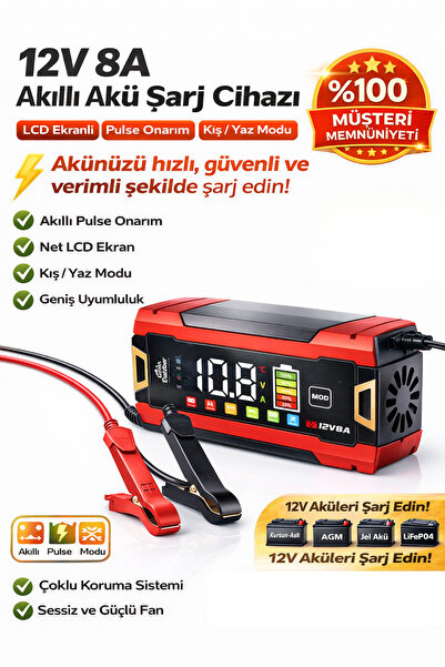 MO DOU Akıllı Akü Şarj Cihazı 12V 8A LCD Ekranlı Pulse Repair Otomatik Akü Şa...