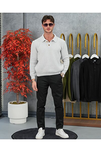 MODEFENDİ Men's Light Gray Plush Textured Button Detailed Polo Neck Relaxed F...