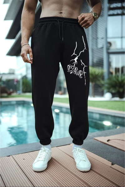GurkStore Men's Lightning Printed Three-Thread Sweatpants - Black