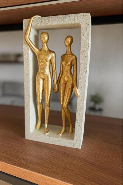 Oss elhetraf مجسم ثنائي فايبرو داخل إطار حجري – ذهبي – 30×15 سم