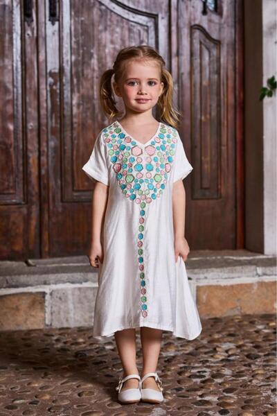 Alesaei-mondo tondo جلابية بناتي بيضاء بتطريز ملون مميز 7060