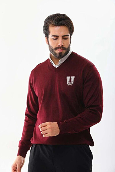 Generic Brand Men's V-Neck Sweater Printed Woven Knitwear - Claret Red
