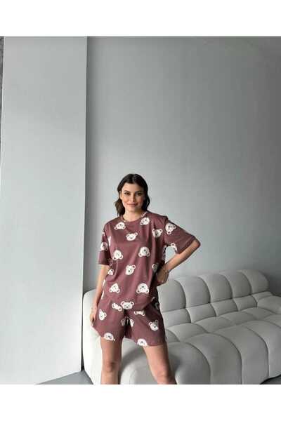 Trendalya Cute Bear Printed 100% Cotton Short Sleeve Women's Pajama Set with ...