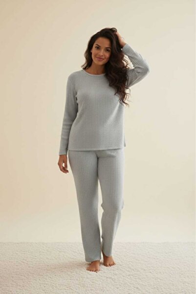 enmodaiçgiyim Light Grey Striped Women's Pajama Set – Long Sleeve, Comfortable Fit, Soft Fabric, Stretchy