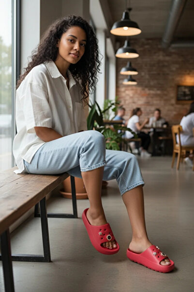 AkınalBella Women's Thick Sole Sticker Detailed Beach, Sea, Pool Slippers