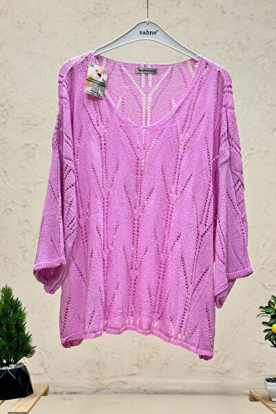 sahnemoda Openwork V-Neck Bat Mercerized Blouse