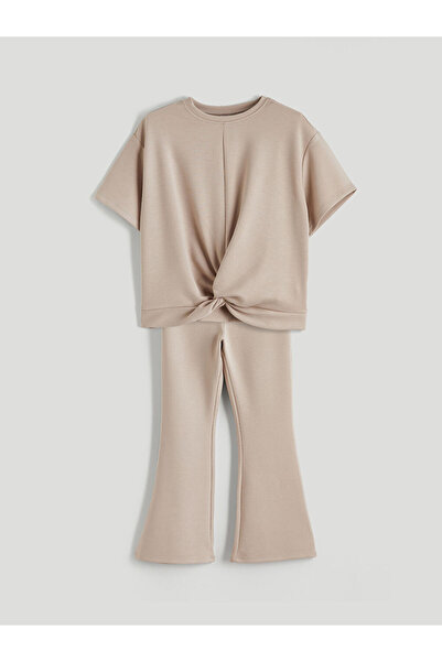 LC Waikiki Εκρού μπλουζάκι για κορίτσια και κολάν με φαρδιά μπατζάκια