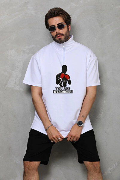 LUMİART Unisex Half Zipper Oversize Printed T-Shirt - White