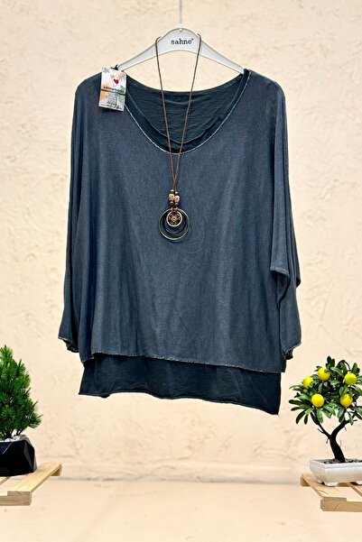 sahnemoda Plain Pattern Glittery Pendant Double Imported Blouse