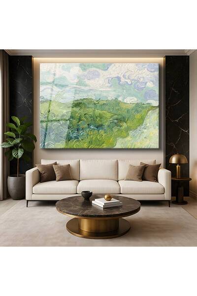 TosbArt Vincent van Gogh Yeşil Buğday Tarlaları Kırsal Manzara Temperli Cam T...