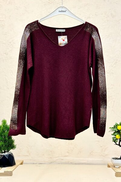 sahnemoda Plain Desez Sleeves Angora Blouse with Stones