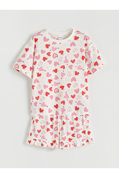 LC Waikiki Екру пижама с къси панталонки и принт на сърце за момичета