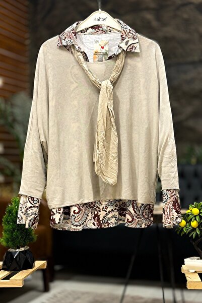 sahnemoda Shawl Pattern Shirt with Scarf Double Layer Imported Blouse