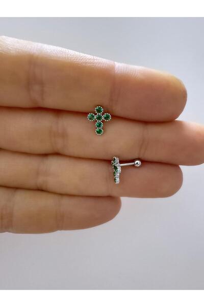Arescollection 1 ADET ZİRKON TAŞLI TRAGUS HELİX LOBE UYUMLU HAÇ PİERCİNG