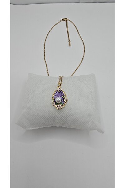 NO NAME Stainless Steel Gold Color Vintage Purple Enamel Pearl Stone Necklace