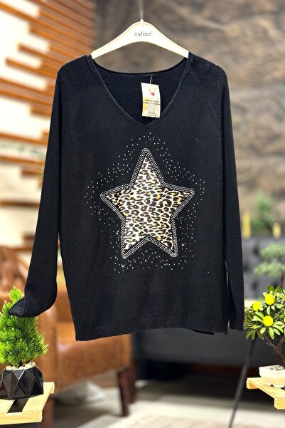 sahnemoda Loepar Star Pattern V-Neck Angora Blouse