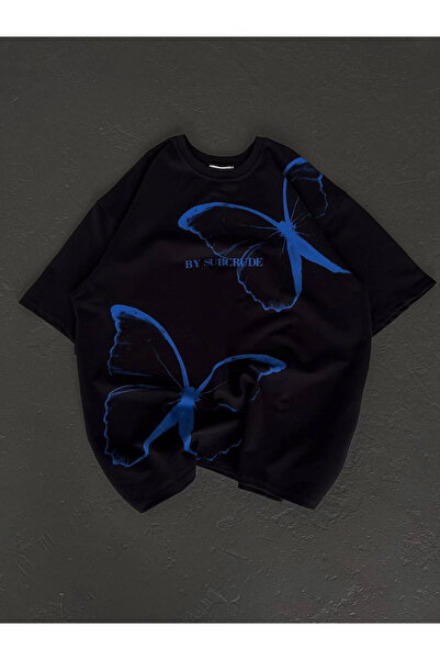 LUMİART Tricou oversize cu imprimeu unisex cu guler rotund - negru