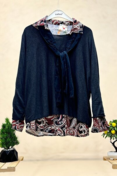 sahnemoda Shawl Pattern Shirt with Scarf Double Layer Imported Blouse