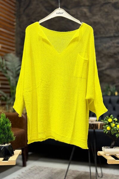 sahnemoda Single Pocket V-Neck Bat Mercerized Blouse