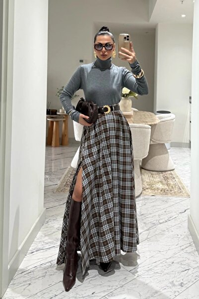 SHILSEE BEUTİQUE Women's Plaid Patterned Belted Brown-Blue Striped Flare Skirt with Slit Detail