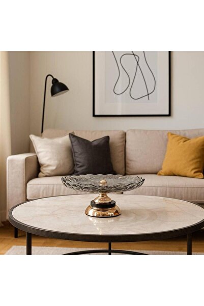 Oss elhetraf صحن ضيافة قزاز أكرستالي رمادي مموج على قاعدة ذهبية فاخر