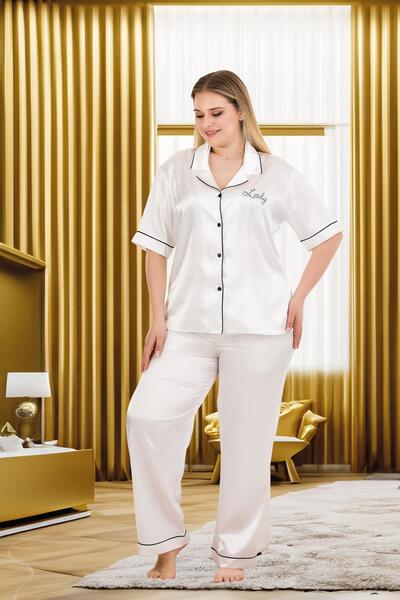 REN Set de pijamale din satin pentru femei de mărime mare, set de pijamale din satin cu nasturi