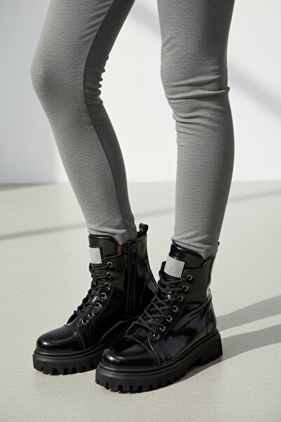 PATİK BEBE Girl's Black Patent Leather Stylish Boots with Anti-Slip Soles and...