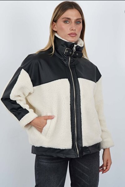 Safgiyim44 معطف جلدي بقطع قماش مخيطة معاً للنساء من نوع Lamb Biker Plush