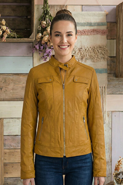 butiksinope Ast 1002 Dar Kesim Yakasız Kadın Suni Deri Ceket Hardal