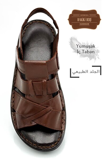 lil amore Genuine Real Leather Velcro Men's Sandals Cross Brown