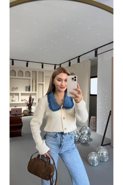 Sezgi Tekin Quilted Denim Collar Ecru Cardigan