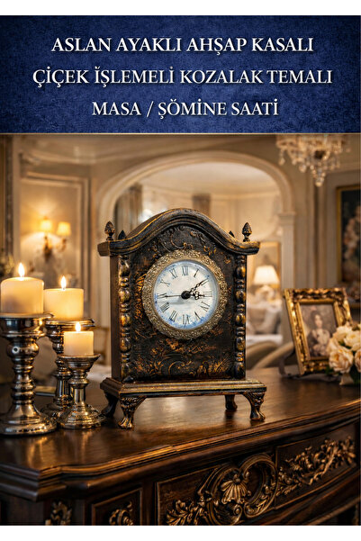 onyyapim ASLAN AYAKLI AHŞAP KASALI ÇİÇEK İŞLEMELİ KOZALAK TEMALI MASA / ŞÖMİN...