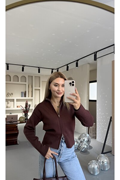 Sezgi Tekin Cardigan cu fermoar dublu guler ridicat Prune